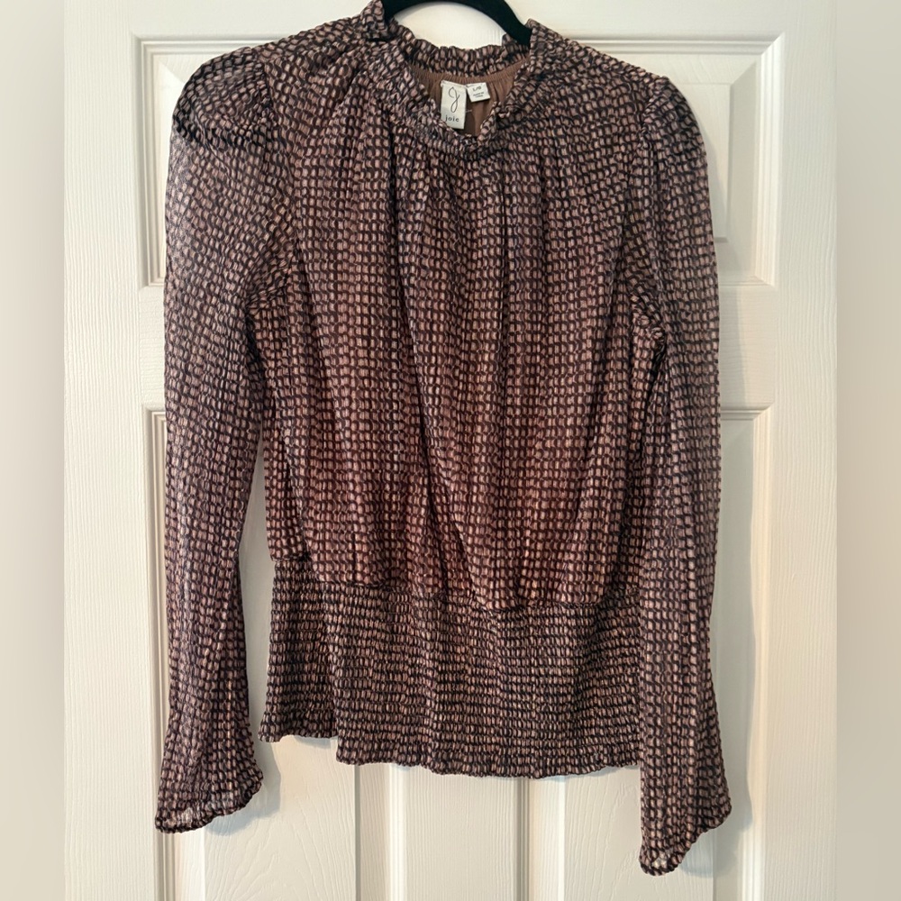 Joie Brown Metallic Blouse a Ruffled Neck Smocked Lined Sheer Sleeves Size Large